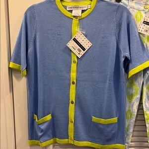 Gretchen Scott Designs Blue Short-Sleeve Cardigan with Lime Trim